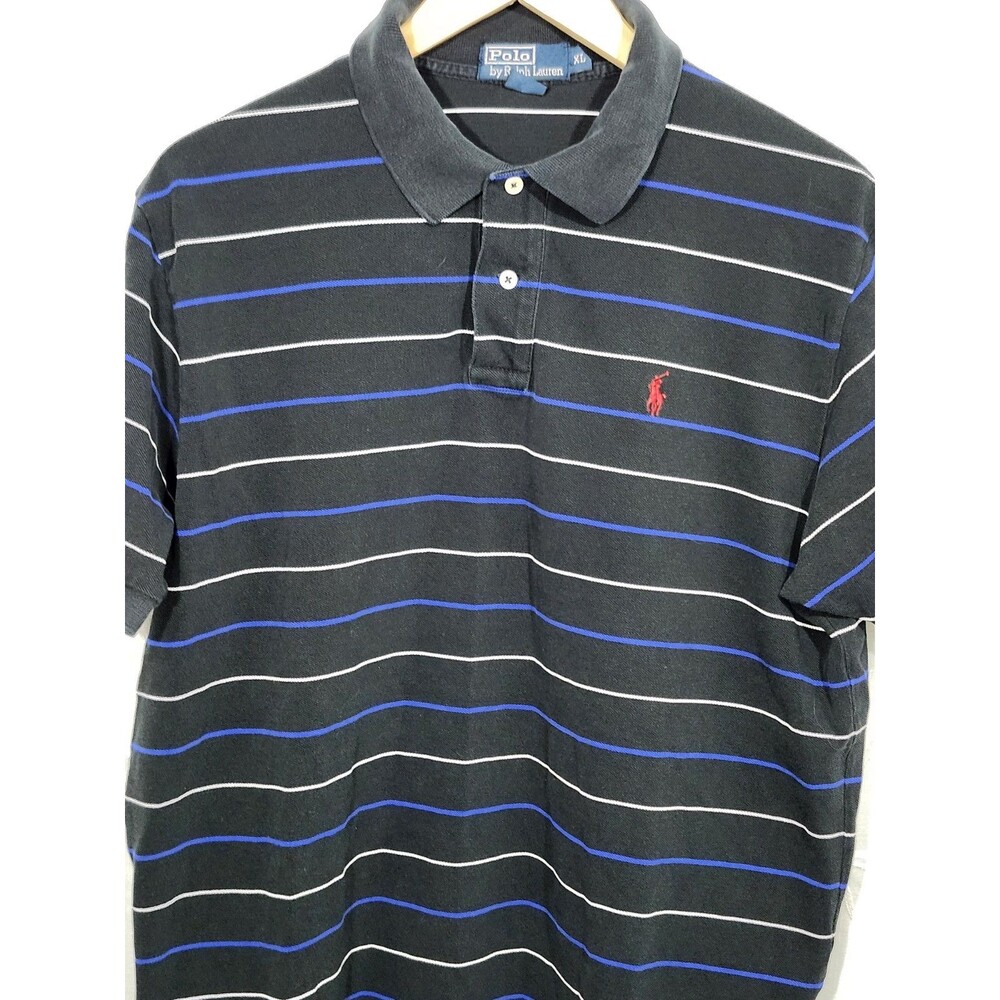 Vintage Polo Ralph Lauren Polo Shirt Men L Black Striped Cotton Y2k - Picture 2 of 7